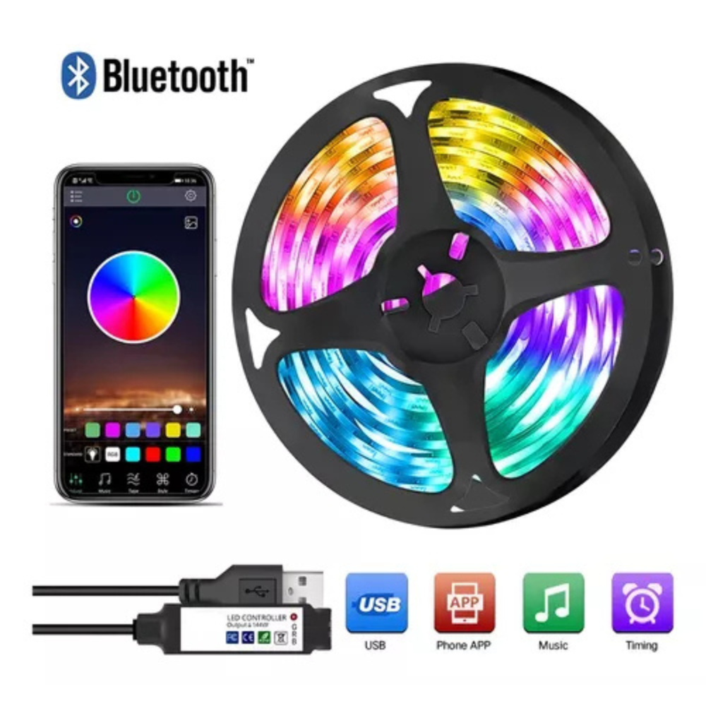Cinta Led Tira Luces 5mts Rgb Con Bluetooth